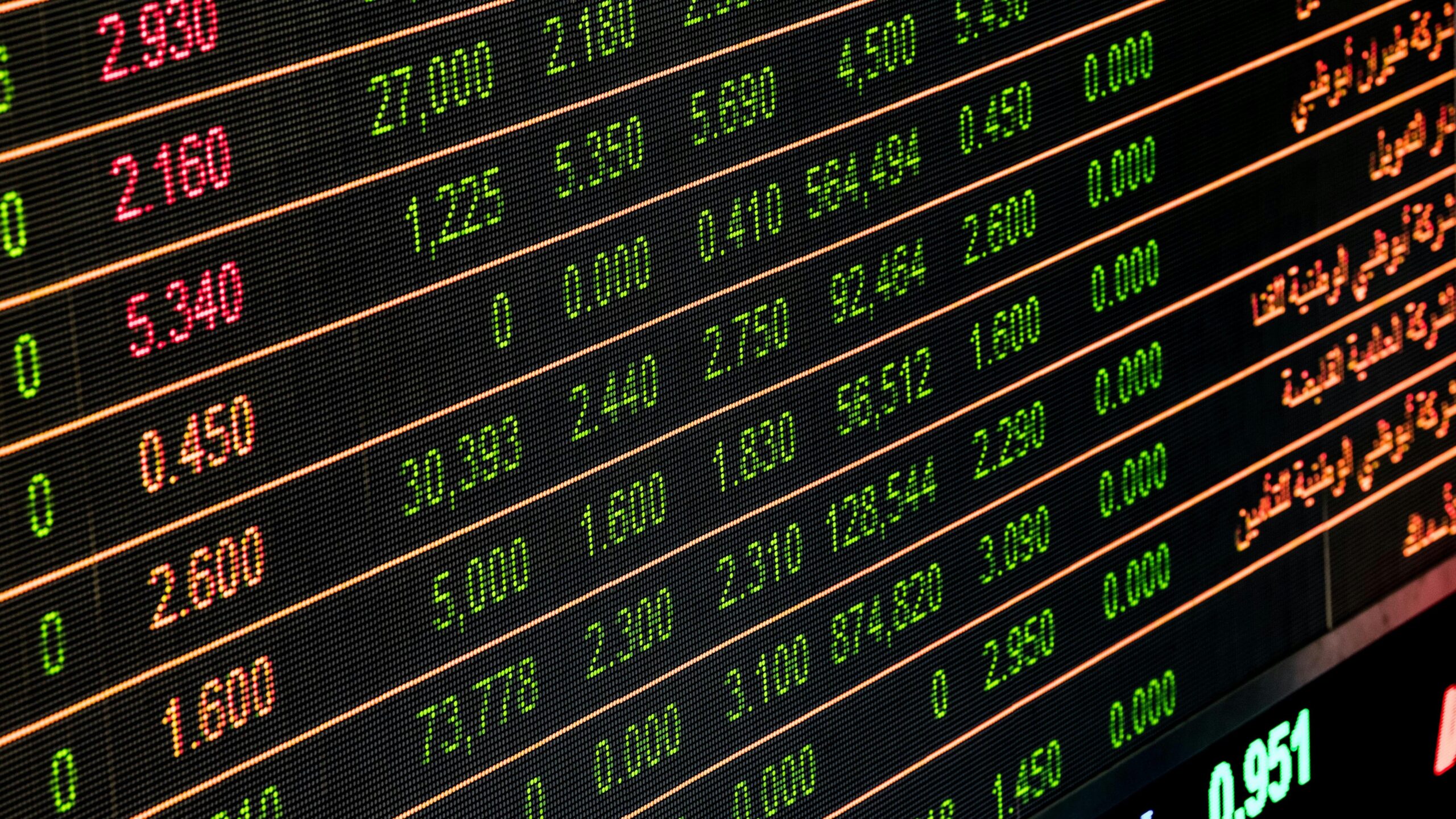 Detailed view of a stock market screen showing numbers and data, symbolizing financial trading.